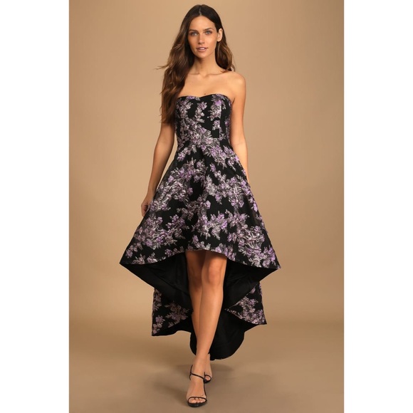 Lulus All Romance Black Floral Jacquard Strapless High-Low Gown Black/Lilac - XS - Picture 3 of 15